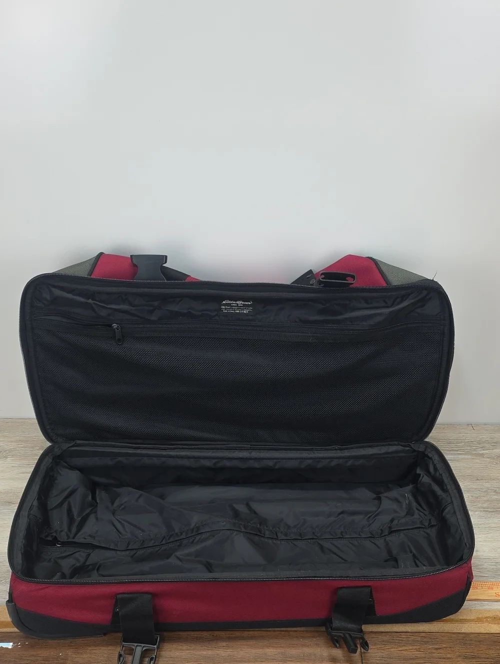 ​Eddie Bauer Burgundy Red Drop-Bottom Rolling Duffel Bag Suitcase Travel Luggage